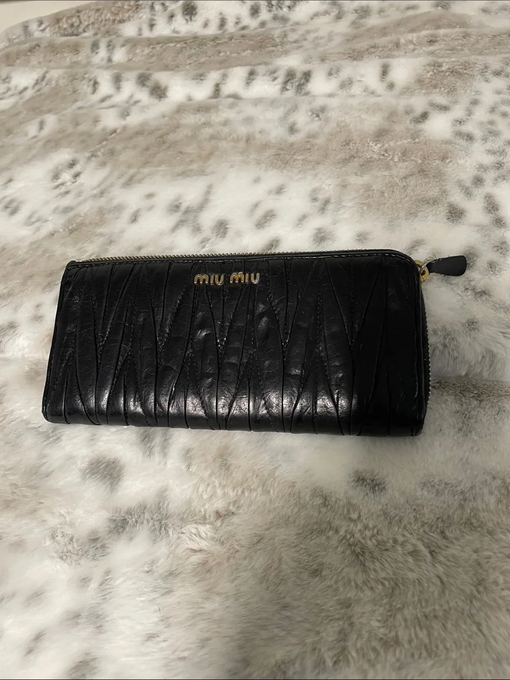 Miu Miu Black Quilted Zip-Around Wallet with Gold Logo